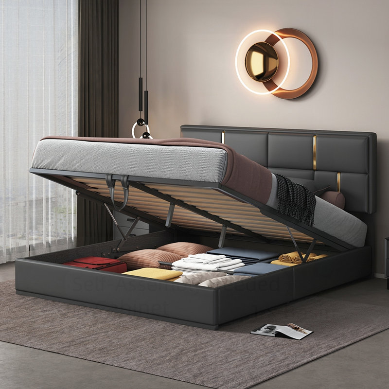 Lit plateforme tapissier avec système de rangement hydraulique, aucun sommier nécessaire, tissu doux et fabrication robuste pour le confort et la durabilité