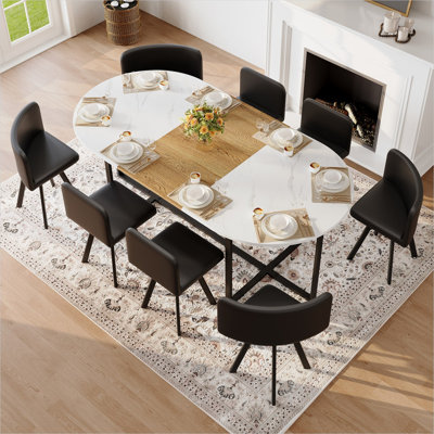Modern Oval 9-Piece Dining Set with White Faux Marble Wood Grain Tabletop and 8 Matte Black PU Leather Chairs, Seats 8