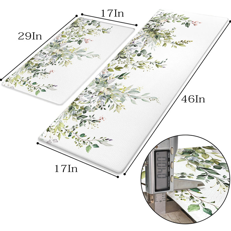 Anti Fatigue Kitchen Mats Set Of 2,Green White Eucalyptus Plant Non Slip Cushioned Kitchen Rugs, Green
