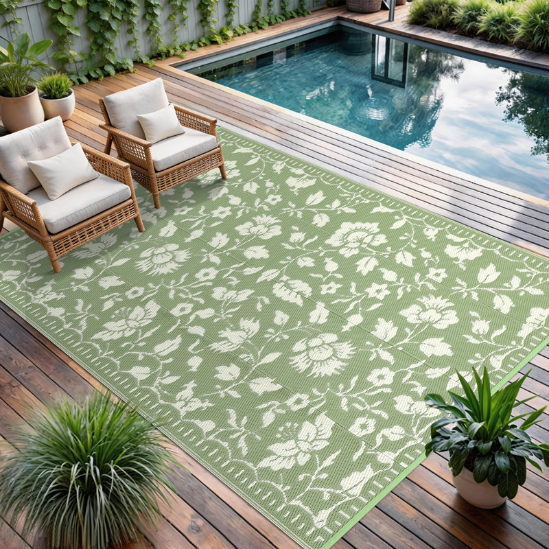 Waterproof Reversible Outdoor Rug – UV Resistant Plastic Straw Carpet – Lightweight & Collapsible for Patio, Deck, RV, Camping or Backyard – Floral Print