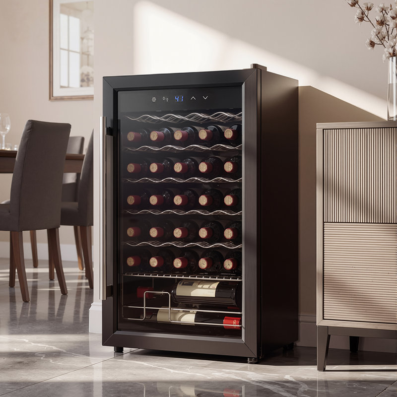 Réfrigérateur à vin noir avec capacité de 34 bouteilles, porte en verre trempé et contrôle électronique de la température