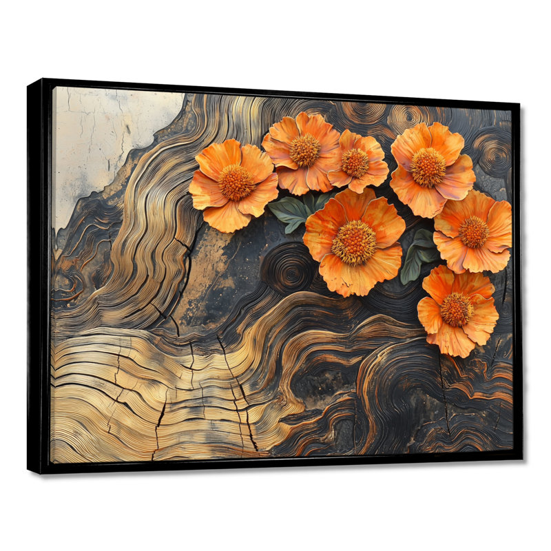 Ihno - Floral Wall Art, H 30 po x l 40 po, Noir, noir, noir, noir, Impression encadrée flottante