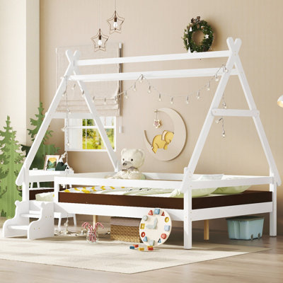 Lit plateforme double avec escalier, structure de lit simple en bois massif, profil bas et conception amusante pour enfants