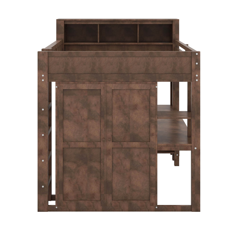 Grand lit mezzanine avec bureau et garde-robe, escalier, tête de lit avec rangement intégré et port USB, Marron