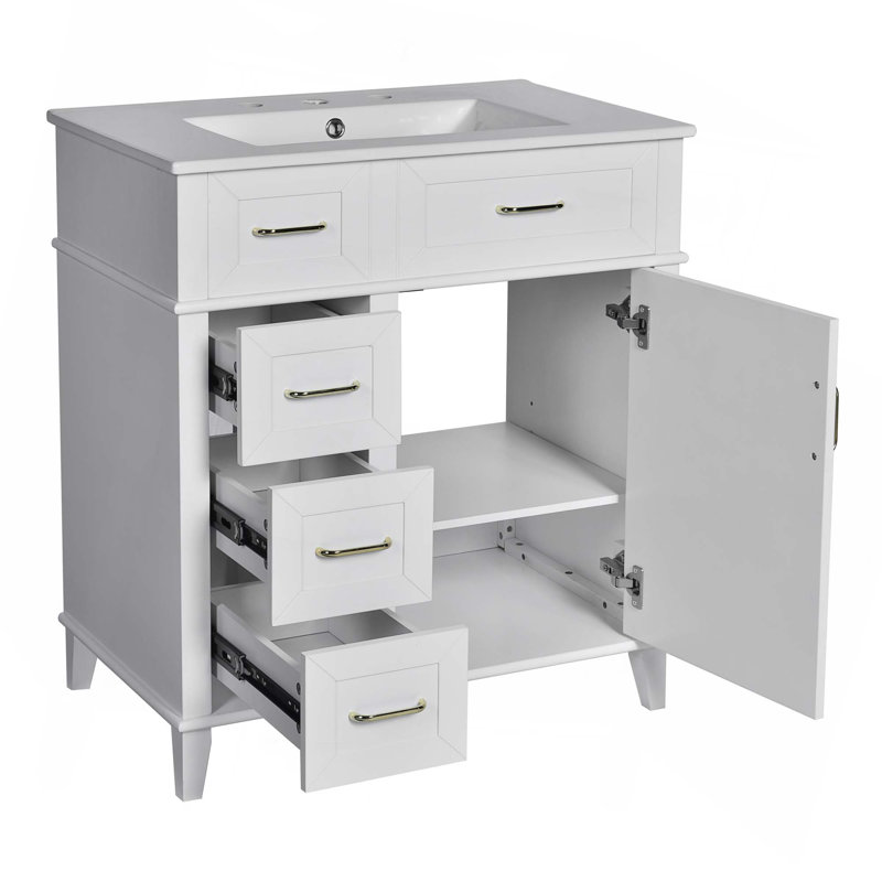 Meuble-lavabo de 30 pouces avec lavabo en céramique, tablette réglable, porte à fermeture en douceur et trois tiroirs à fermeture en douceur
