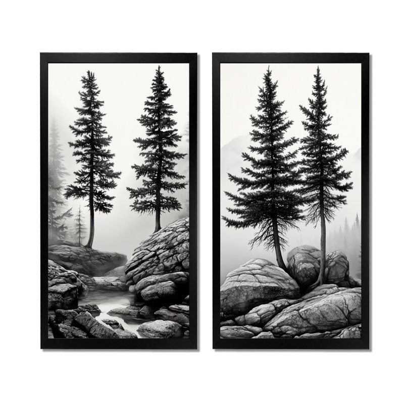 Deux pins jumeaux au bord d'un ruisseau - Ensemble de 2 tableaux sur toile représentant des pins, 32" H x 32" W