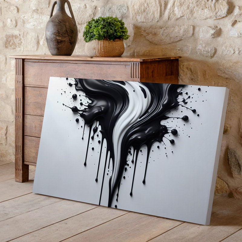 Toile, composition dynamique avec contraste audacieux entre art mural noir et peinture blanche, créant un art mural abstrait sur toile