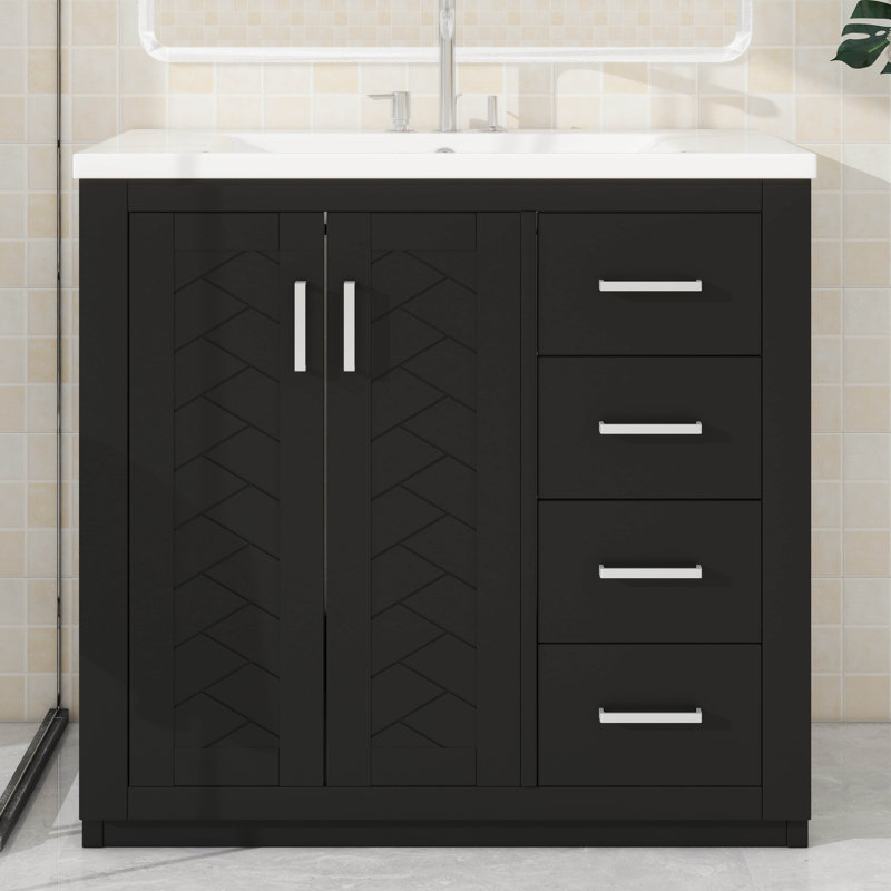 Ensemble de meuble-lavabo 36 po avec lavabo en céramique 36 po, meuble-lavabo indépendant équipé de 3 tiroirs, Noir, Blanc