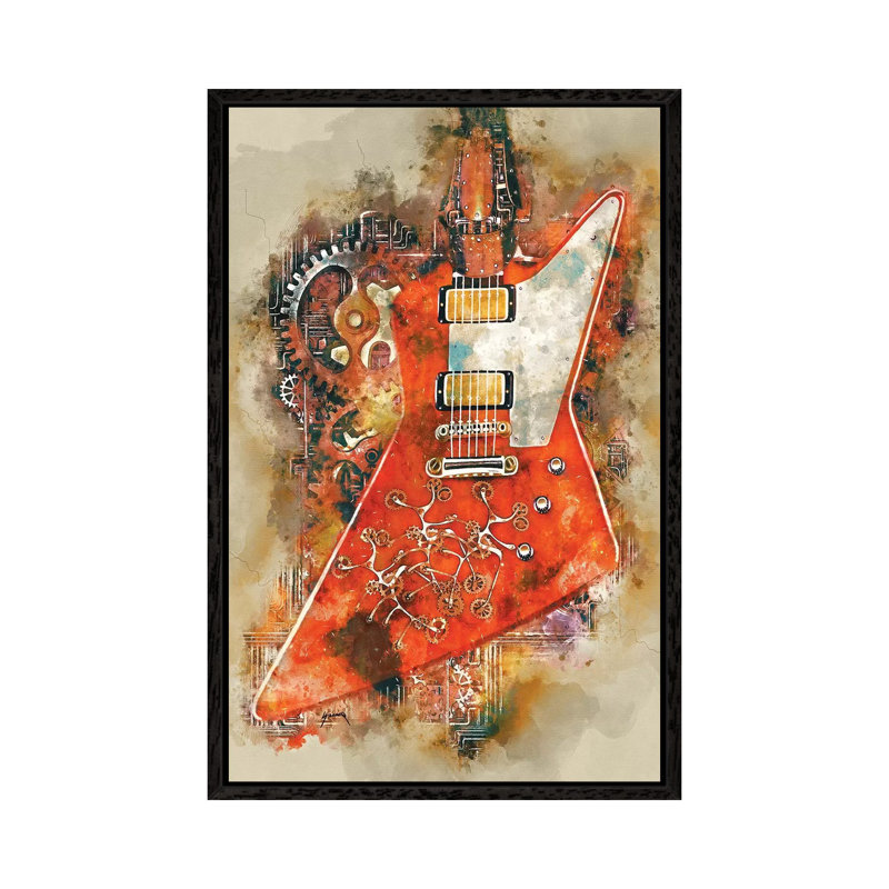 The Edge's Steampunk Guitar - Painting on Canvas, 66.04cm H x 45.72cm W x 3.81cm D, Black Floater Framed