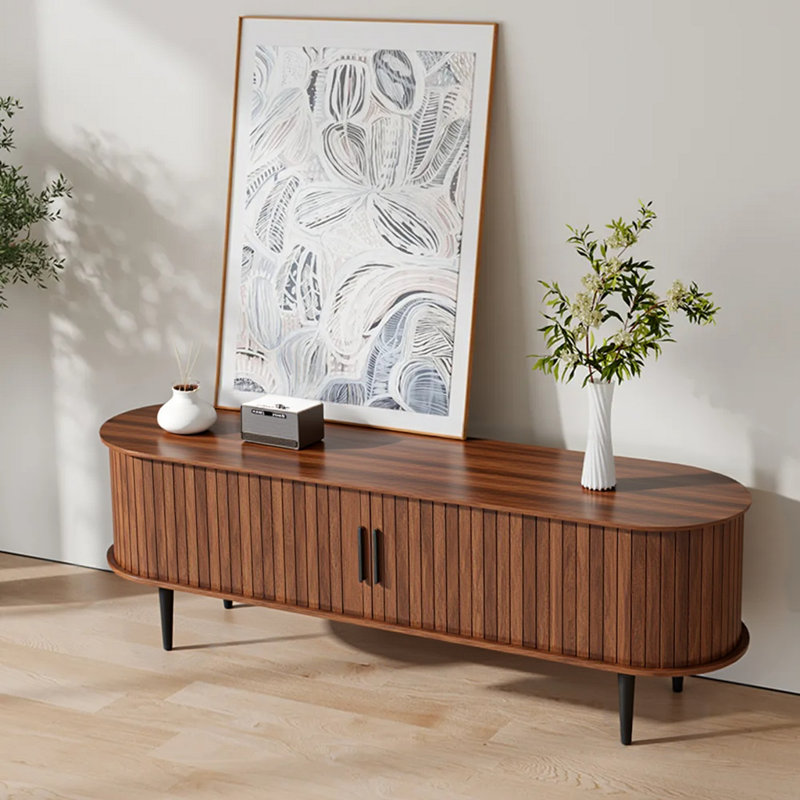 Meuble télé 55 po en noyer avec porte coulissante et compartiments de rangement - console de divertissement pour le salon, la chambre à coucher ou le bureau