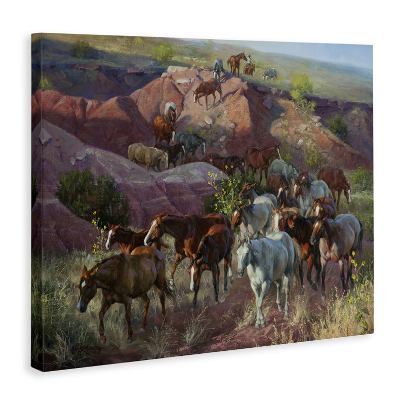 Toile de cheval à travers les falaises du désert, art mural par Jack Sorenson, H 16 po x l 20 po