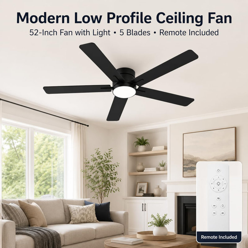 Modern Low Profile 52-Inch Ceiling Fan with Light & Remote Control - Easy-Detach Composite Wood Blades - For Kitchen/Dining Room/Patio/Porch/Gazebo - Color: Black