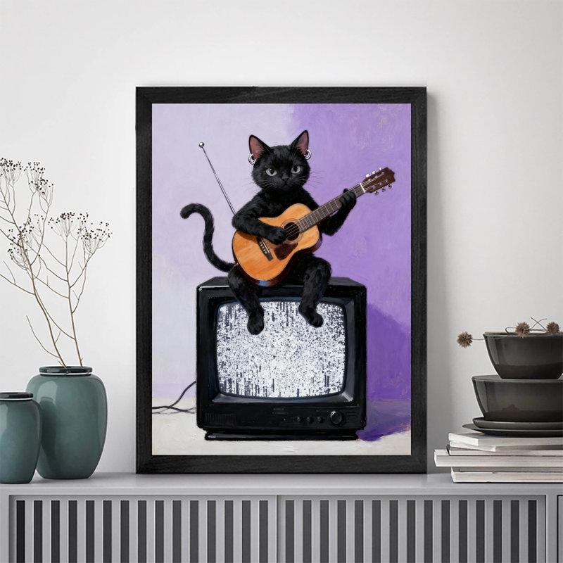 Noir encadré rétro Le chat noir jouant à la télé, estampes encadrées de style rétro, H 17 po x l 13 po