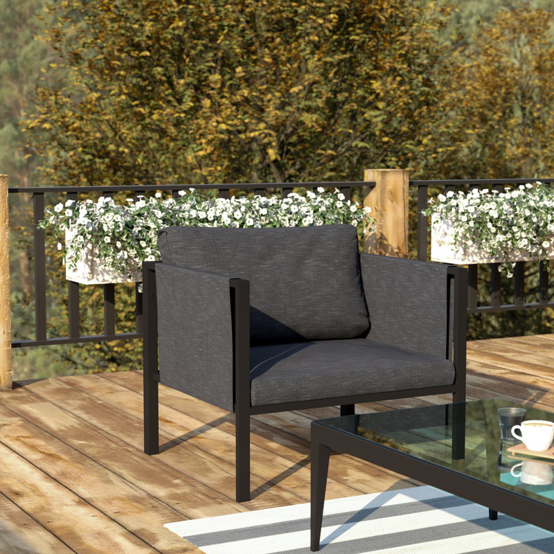 Annegriet Steel Frame Patio Chair with Included Cushions & Storage Pockets, Charcoal