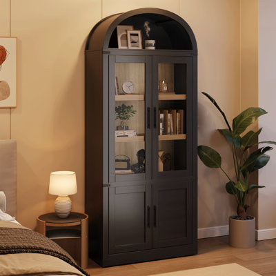 Bibliothèque arquée 71,6 "avec portes en verre et en bois, armoire de rangement moderne à 6 niveaux