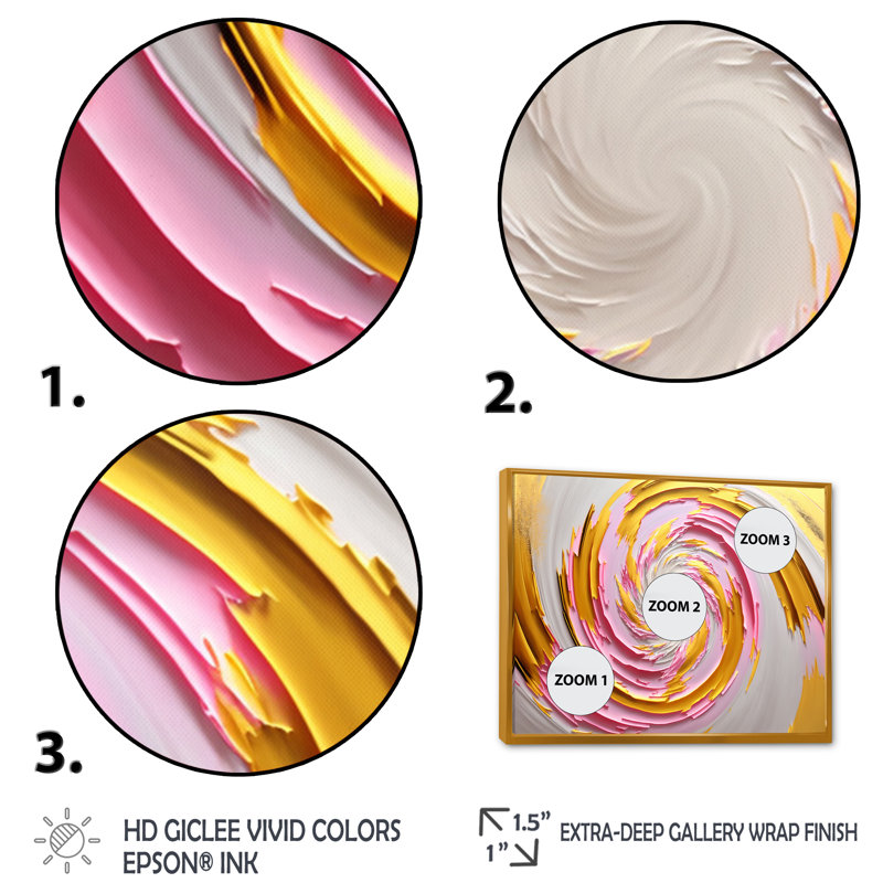 Aquarelle rose abstraite circulaire I - Peinture sur toile, H 30 po x l 40 po x P 1,5 po, Toile avec cadre flottant or