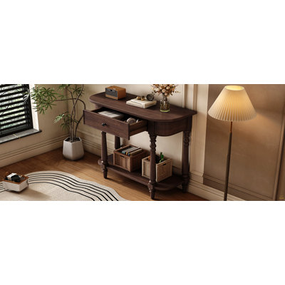 Console étroite avec coin incurvé, table de hall d'entrée rétro avec tiroir supérieur et tablette ouverte, tables de console de canapé pour le hall d'entrée, le couloir et le salon (espresso)