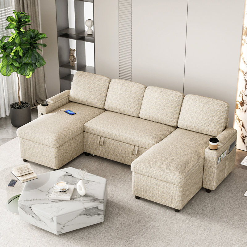 4 Seater Sofa Bed, Beige Fabric
