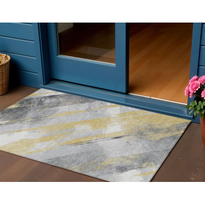 Tapis extérieur lavable rayé doré et gris 3 pi x 5 pi