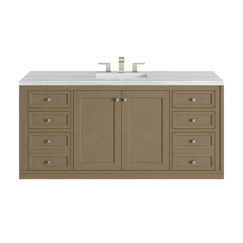 Chicago 60'' W Double Vanity, Walnut Whisper, Carrara White, 8" Widespread