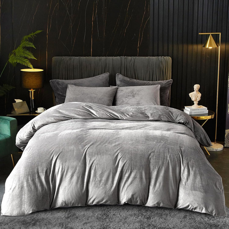 Ensemble de housse de couette en velours 3 pièces Housse de couette de luxe, Gris