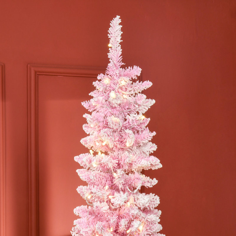 Arbre de Noël enneigé 7,5 pi avec forme de crayon, branches de pin réalistes, lumières DEL, ouverture automatique et blanc 7,5 pi