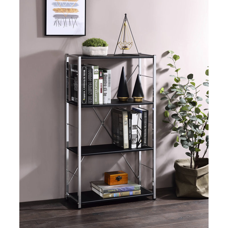 Black & 4 Tier Shelf Bookcase With Metal Frame And Support Construction Composite Units, Black/Chrome