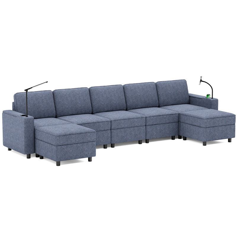 Canapé modulaire en forme de U 8 pièces avec rangement et 2 repose-pieds pour le salon, Mélange de polyester bleu marine