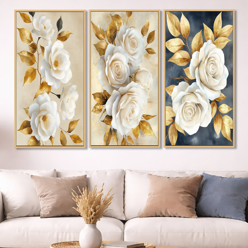 «White Roses with Golden Leaves - Roses», art mural 3 pièces, Cadre flottant en bois naturel, H 32 po x l 48 po