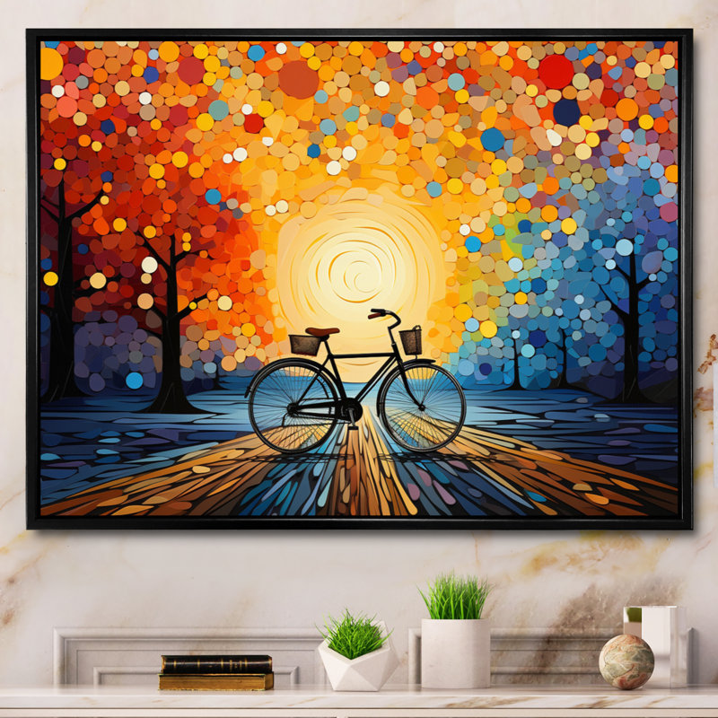 Vélo pédales harmonieuses pointillisme I - Transport, impressions sur toile, H 12 po x l 20 po x P 1 po, Cadre flottant noir