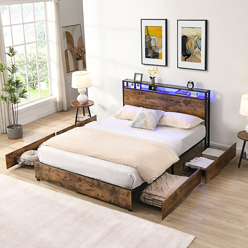 Lit de rangement avec station de charge, Brun rustique, Double