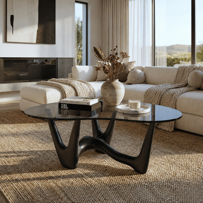 43" Abstract Triangle Glass Coffee Table with Sculptural Black Base, Limited Stock Available