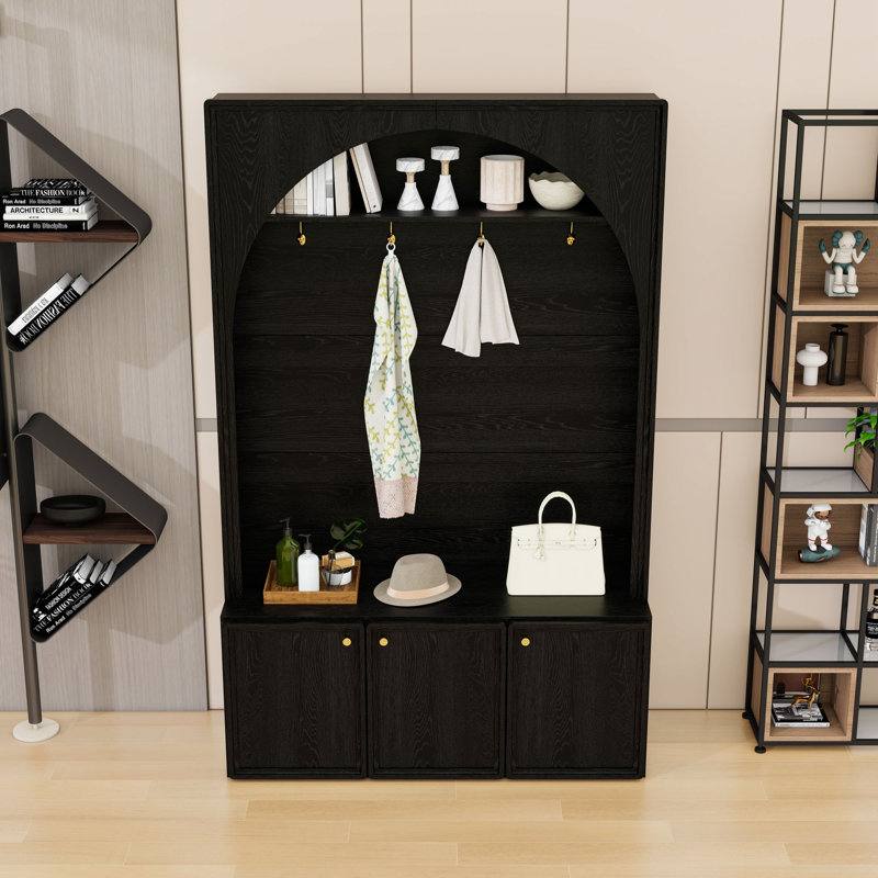 Elegant Hall Tree with Bench, Hooks, Adjustable Shelves and Arched Design, Black