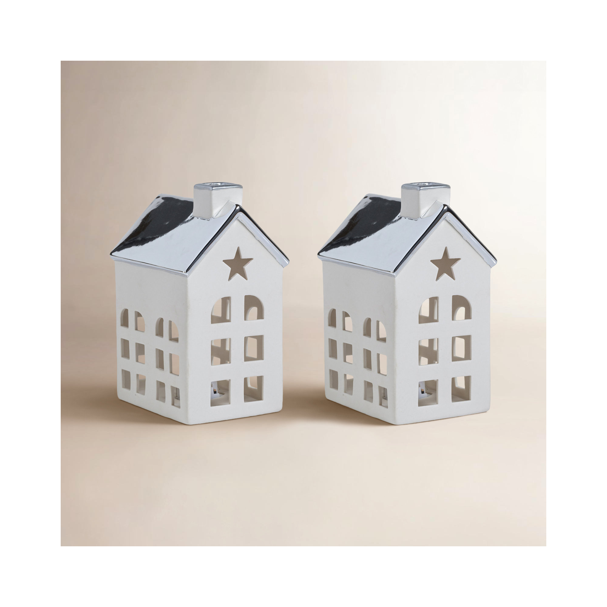Lilou 2-Piece Set Porcelain LED House with Roof, Silver/White, 5.5" H x 4" W x 3" D
