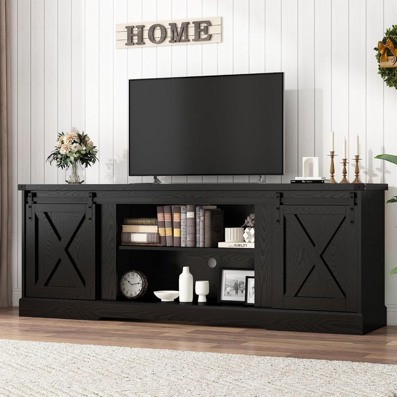 Meuble télé 70,1 po avec portes de grange coulissantes, console multimédia pour téléviseur de 80 po et plus, armoires de rangement pour le salon