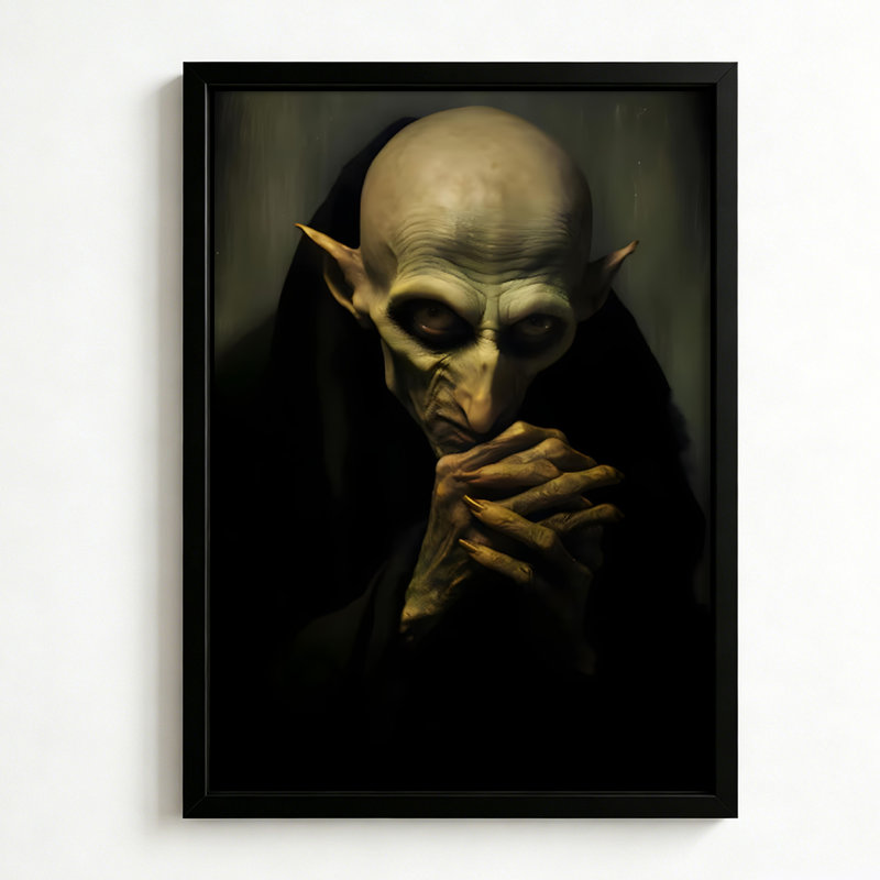 Créature gobelin d'Halloween aux oreilles pointues et aux griffes, tableau sur toile encadré, cadre doré, 40 x 60 cm, 16x24