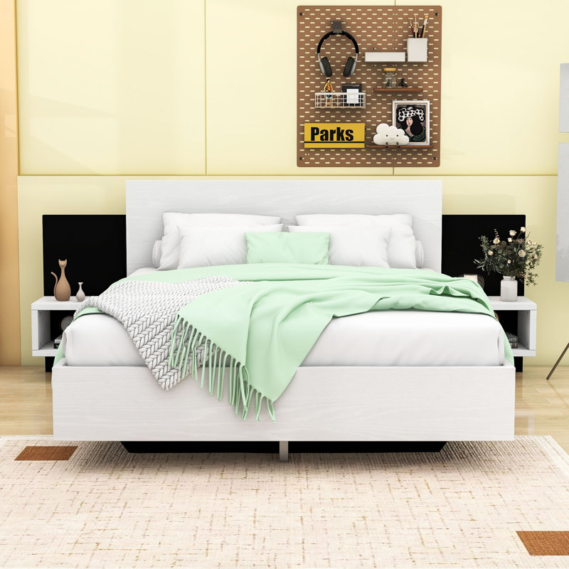 Modern Floating Platform Bed with LED Lighting and Built-in Nightstands, White, Queen