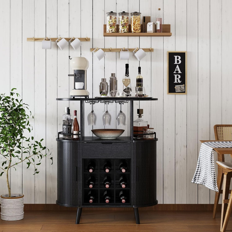 Modern Wine Bar Cabinet, Wood Liquor Cabinet Bar For Home With Wine Rack And Glass Holder, Fluted Buffet Sideboard With Storage For Kitchen, Dining Room, Living Room
