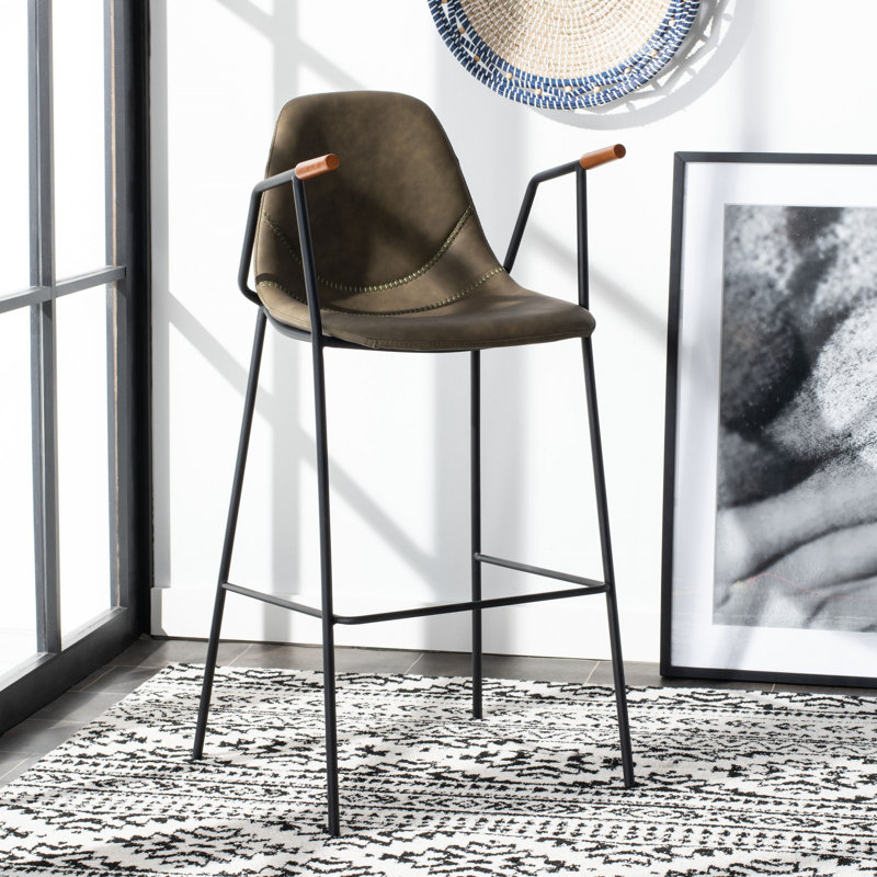 Tanner Transitional Olive Leather Bar Stool with Metal Frame