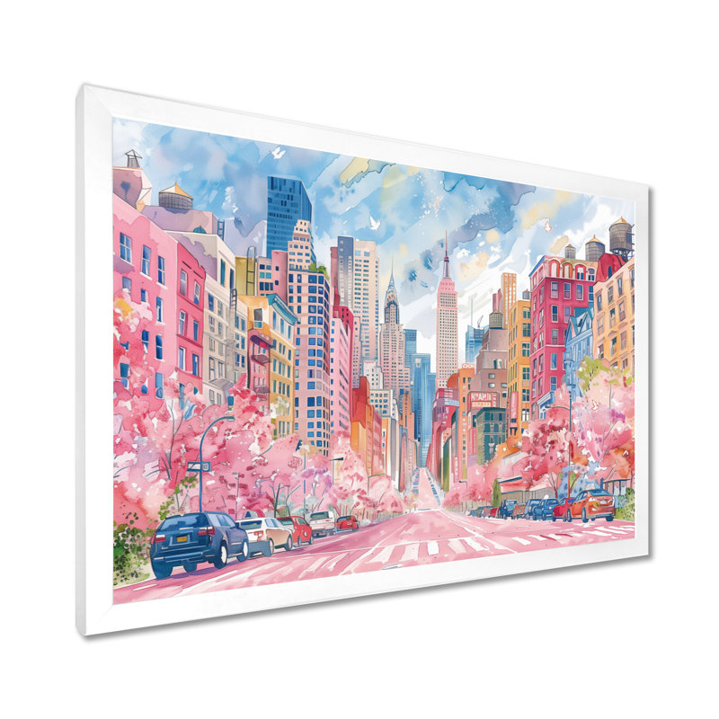 Rose, bleu, bâtiments de New York en été - salon d'art mural de New York, Cadre simple blanc, H 12 po x l 20 po