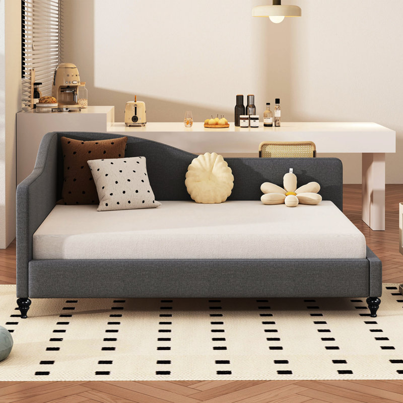 L-Shaped Daybed In Gray With Solid Wood Construction, Full Size - Longevity Linen Legs Gray, Contemporary Appeal, Gray