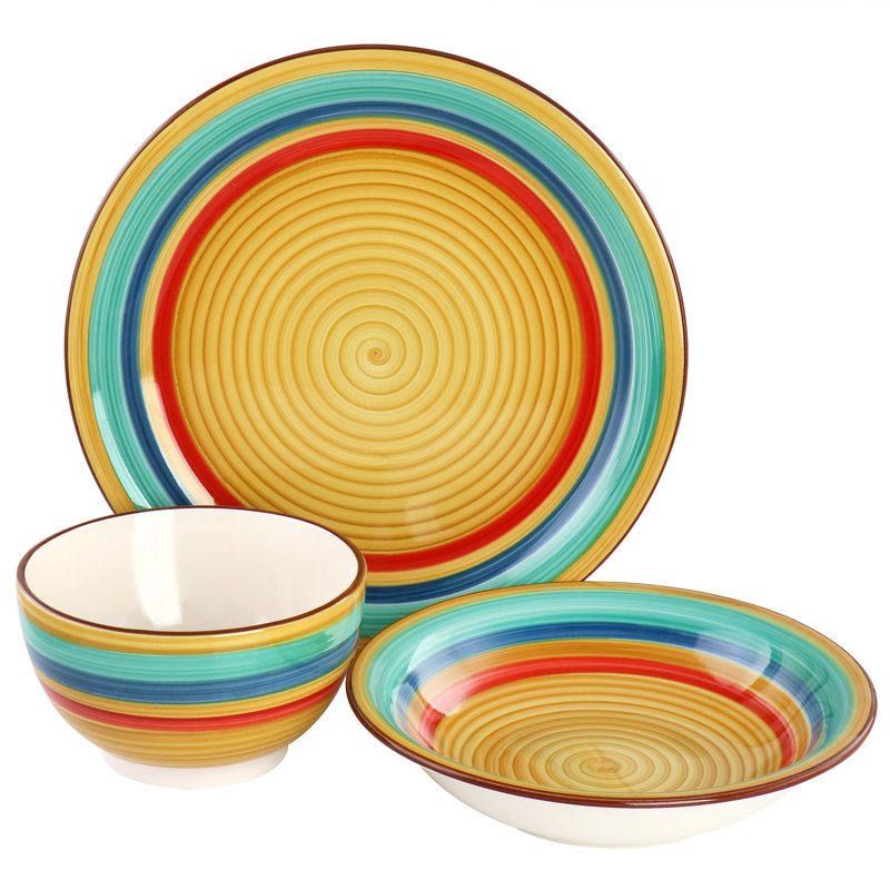 Service de table 12 pièces en grès multicolore jaune