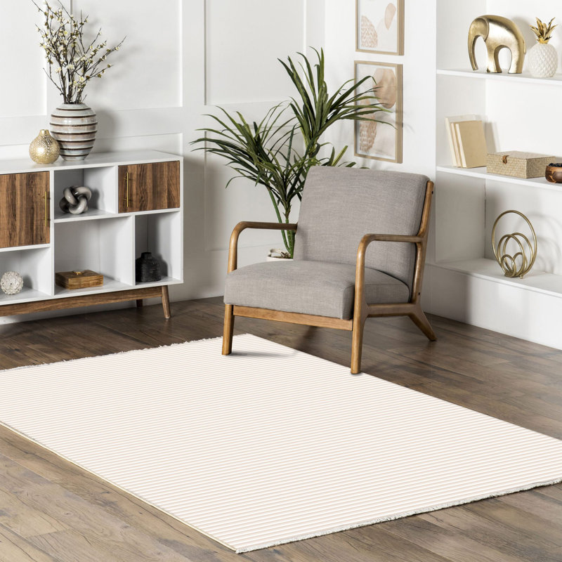 Pastel Lacasa Beige Striped Cotton Chenille Area Rug, Runner 3'4" x 8'3"