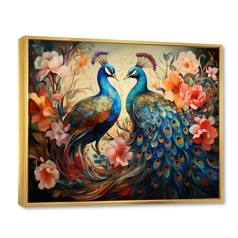«Blue Coral Indian Art Dancing Peacocks I», art mural indien, Cadre flottant doré, H 12 po x l 20 po x P 1 po
