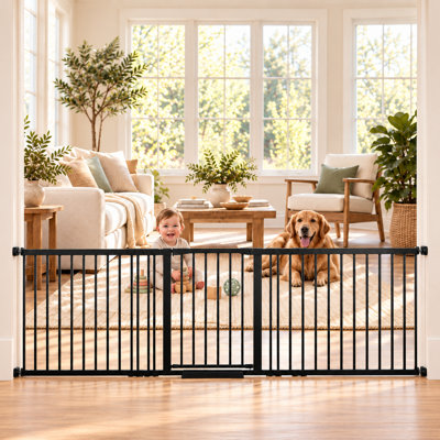 Extra Wide Auto-Close Pressure Mounted Pet Gate, 98"-109.8" Adjustable Walk-Through Metal Dog Gate for Doorways