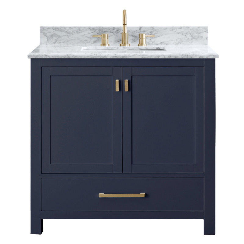 Modero 36" Single Bathroom Vanity with Top, Navy Blue, Cala White Marble, Gold