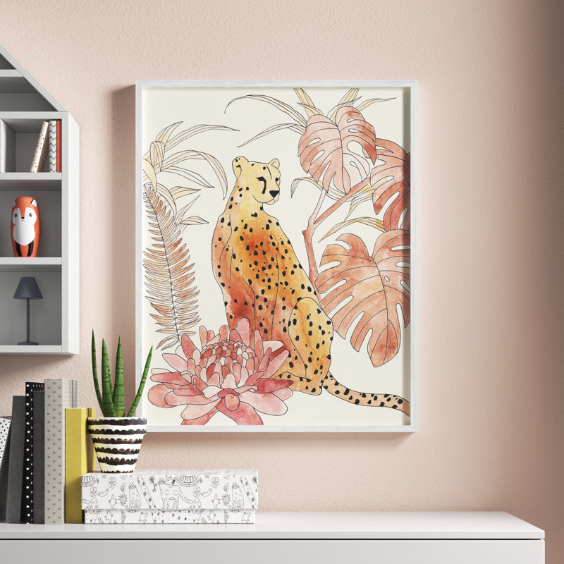 «Rosamund Poised Cheetah Tropical Blush Monstera Fern Forest», art mural sur toile par Annie Warren, H 14 po x l 11 po