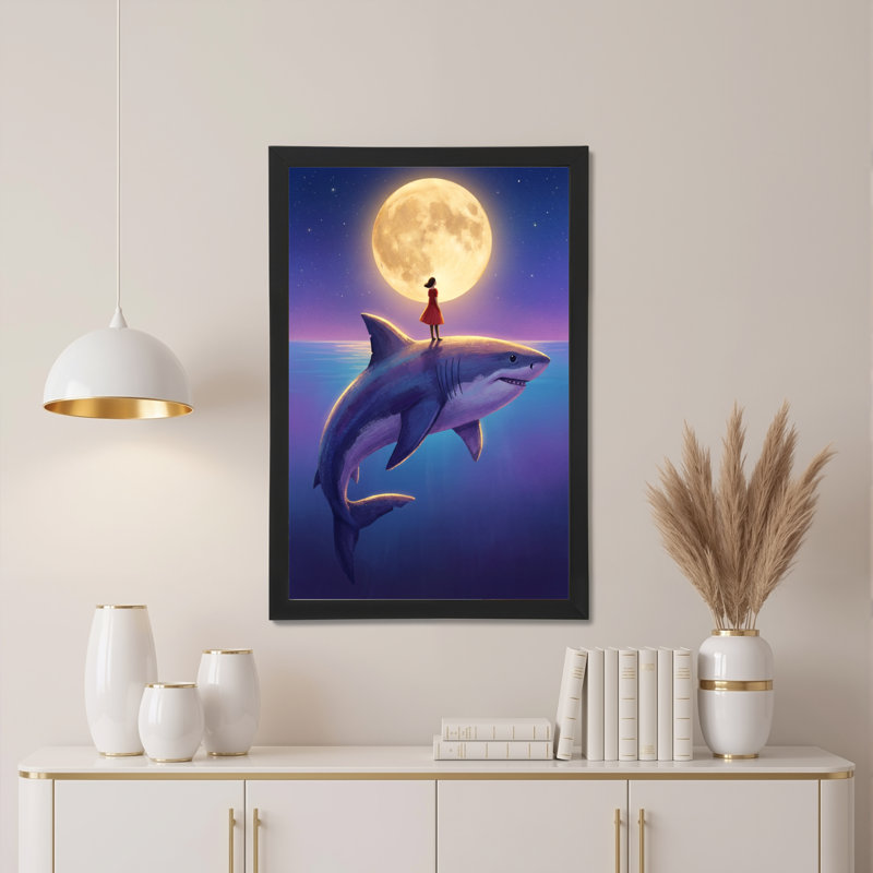 Shark And Girl Under Moonlight Canvas Wrapped Wall Art Oil Painting Print Set Of 1, 30" H x 20" W