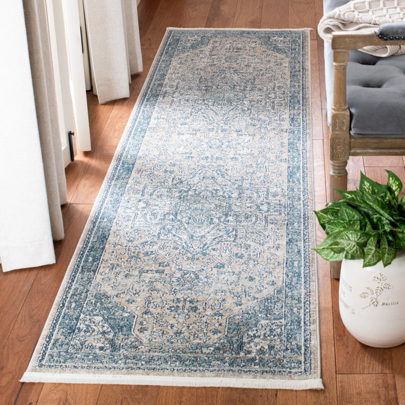 Tapis oriental en polypropylène tissé à la machine en blanc / bleu, Tapis de couloir 2 pi 3 po x 7 pi