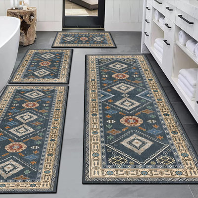 Bohemian Floral 4-Piece Kitchen Rug Set with Runner, Non-Slip Washable Soft Farmhouse Kitchen Mats